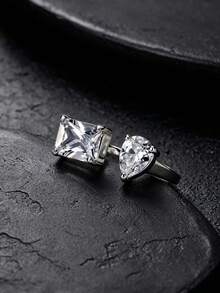 MONALLY Luxury Adjustable Two Stone Open Ring For Women, Princess Pear Cut Cubic Zirconia Wedding Engagement Statement Ring Fine Jewelry - Open Ring - View 4