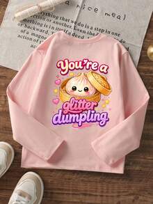 Big Girls Cute You're A Glitter Dumpling Back Print Long Sleeve T-Shirt, Adorable Cartoon Dumpling Pattern Pink Top, Casual Daily Campus Outfit - Pink - View 3