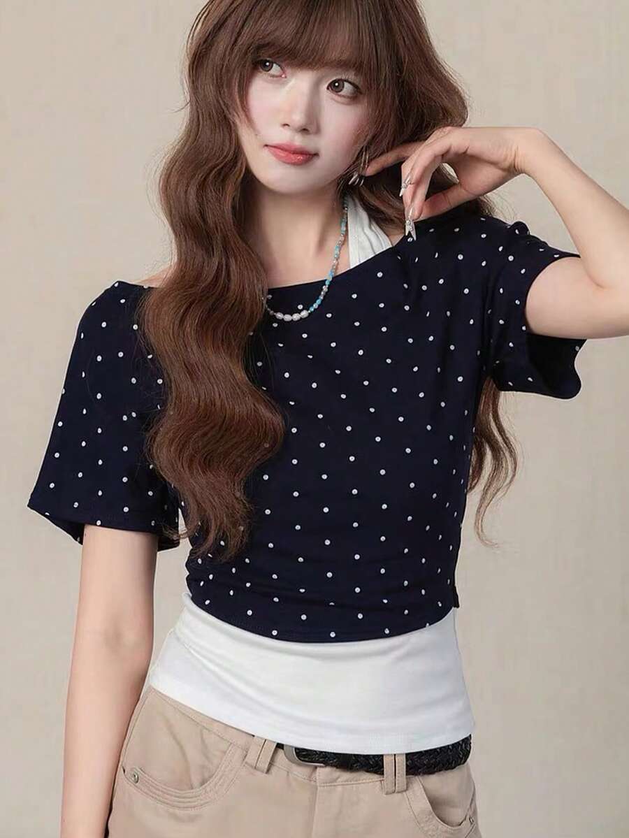 Kaos Wanita Lengan Pendek Musim Panas Terbaru dengan Leher Halter Patchwork dan Atasan Polkadot, Potongan Acak - Navy Blue - View 1
