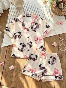 2pcs/Set Piyama Kasual Anak Perempuan Motif Panda dan Pita, Lengan Pendek dengan Kerah dan Celana Pendek, Cocok untuk Semua Musim - Aprikot - View 1