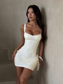 Women's Summer White Lace Fishbone Waist Dress, Suitable For Party, Gathering, Travel, Vacation, Beach - White - View 2