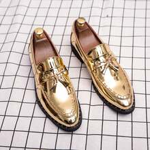Men's Shiny Metallic Tassel Loafers Slip-On Brogue Carved Rivet Thick Sole Party Stage Formal Leather Shoes - Gold - View 1