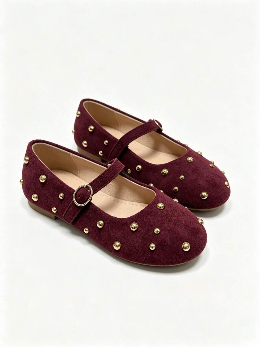 Kids' New Fashion Versatile Gold Bead Decor Flat Shoes - Burgundy - View 1