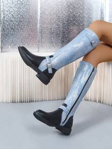 Women's Mid-Calf Boots Lace-Up Riding Boots Flat Motorcycle Boots Side Zipper Knee-High Boots - Denim - View 2
