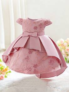 Baby Girls Round Neck Sequin Embroidered Satin Cute Flower Girl Birthday Train Dress Suitable For Party, Fabric Pattern Randomly Cut, Headband Not Included - Dusty Pink - View 4