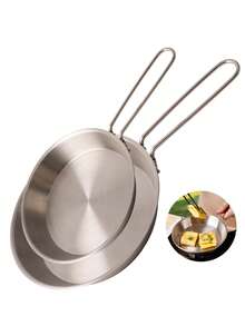 1pc304 Stainless Steel Camping Frying Pan With Foldable Handle, Portable Outdoor Skillet, Picnic BBQ Cookware For Egg Steak Grilling, 2 Sizes Optional - View 1