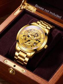 Men's Watch With Calendar Function, Luminous Hands, Fashion Hollow Luxury Rhinestone Inlaid Totem Round Dial Quartz Watch, Detachable Strap, Electronic Drive And Pointer Display, Suitable For Daily Wear, Back To School, Time Checking, Birthday Gift, Also An Ideal Choice For Friends - Gold - View 2
