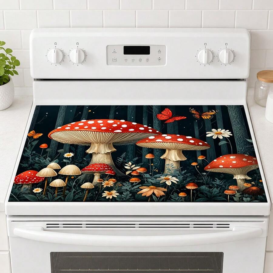 1pc Colorful Mushroom Kitchen Countertop Mat, Black Floral Pattern Diatomaceous Earth Absorbent Drainage Mat, Non-Slip Coffee Machine Mat And Dish Drying Mat - Multicolor - View 1