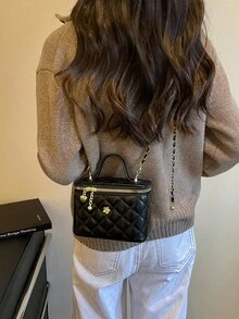 迷你時尚絎縫菱格紋方盒包，百搭拉鍊方形手提包，女款鏈條斜挎包 - 黑色 - 查看 4