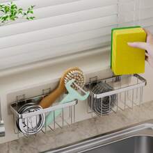 1PC No Drill Wall Hanging Sink Caddy Sponge Holder, Rustproof Stainless Steel Drain Basket, Multi-Use Wall Mount Storage Organizer For Kitchen Scrub Brush, Vegetables & Small Utensils - Multicolor - View 1