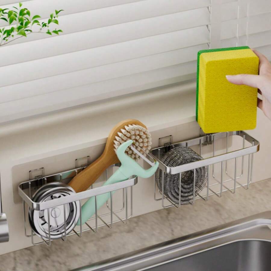 1PC No Drill Wall Hanging Sink Caddy Sponge Holder, Rustproof Stainless Steel Drain Basket, Multi-Use Wall Mount Storage Organizer For Kitchen Scrub Brush, Vegetables & Small Utensils - Multicolor - View 1