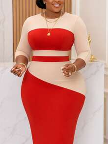 Elegant Asymmetric Splice Sleeve Waist Cinched Bodycon Midi Dress, Comfortable Workwear, Colorblock, Versatile For Daily, Office, Party, Wedding, - Red - View 3
