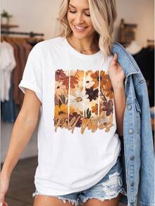 Women Boho Autumn Graphic Tee, Fall Vibes Floral Panels Painted Flower Print Casual Top, Cute Fall Season Gift, Fast Local Delivery - White - View 1