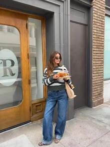 Senya Autumn/Winter New Round Neck Wavy Striped Contrast Color Long Sleeve Knit Sweater, Loose Warm Comfortable Women's Pullover Knit Top - Grey - View 5