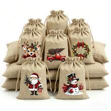 1/6/12pcs,Christmas Burlap Gift Bags, Christmas Gift Bags, Reusable Drawstring Bags, 5 Christmas-Themed Designs Randomly Shipped, Suitable For Christmas Party Favors, Birthday Gifts, Christmas Tree Decorations - Multicolor - View 6