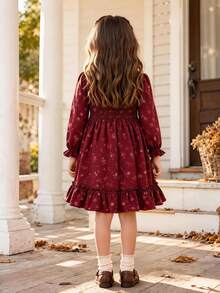Young Girl Girls Elegant Long Sleeve Dress, Burgundy Ditsy Floral Print Ruffle Hem Party Dress, Autumn Fall Birthday, For 4-8 Years - Red - View 3