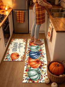 1/2pcs Thanksgiving Multi-Color Pumpkin Pattern Kitchen Decor Rug, Autumn Kitchen Carpet And Mat, Non-Slip Washable Absorbent Kitchen Accessories Decorative Mat, Thanksgiving Holiday Gift! - Multicolor - View 3