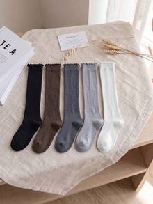 5 Pasang Kaos Kaki Setinggi Lutut Wanita Warna Polos, Manset Berkerut, Rajutan Bergaris, Kaos Kaki Kasual Bergaya Preppy, Serbaguna untuk Musim Gugur/Dingin, Cocok untuk Olahraga, Bepergian, dan Pemakaian Sehari-hari - MultiWarna - View 9