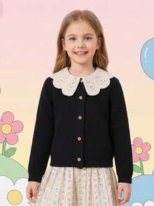 Tween Girl Colorblock Casual Versatile Daily Outing Cardigan - Black - View 4
