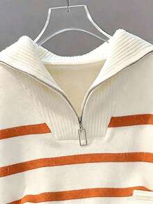 Sweater Rajut Bergaris Wanita dengan Resleting Baru untuk Musim Gugur/Dingin, Pullover Minimalis Modis, Serbaguna - Burnt Orange - View 6