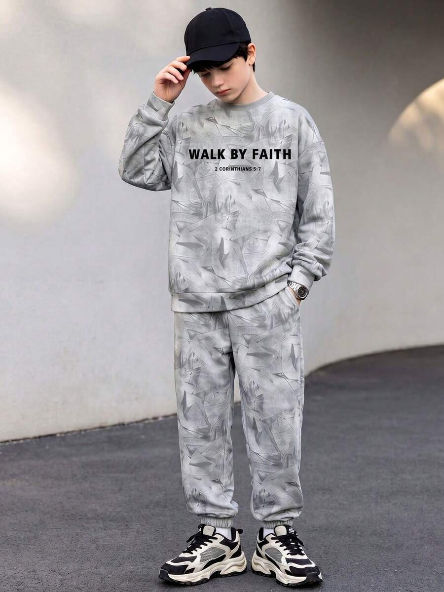 Teenager Spring/Autumn Knit 2 Pieces Set, Grey Geometric All-Over Print Letter Crew Neck Sweatshirt, Loose Cuffed Joggers - Grey - View 1
