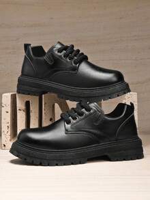 Men's Vintage Workwear Style Thick Sole Boots, Lace-Up PU Leather Material, Campus Back To School Season Outdoor Casual Versatile Boots - Black - View 3