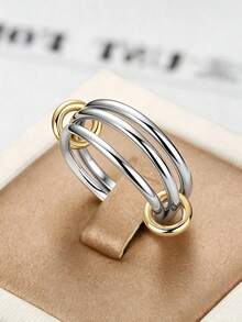 1件女款雙色不鏽鋼金銀交織三環戒指，極簡時尚百搭日常佩戴抗焦慮飾品 - 彩色 - 查看 3