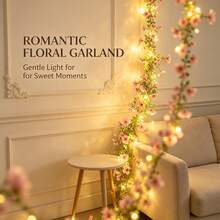 1PC 2M/6.56Ft 20LEDS New Simulation Hanging Plant, Pink Roland Eucalyptus Leaf Vine Light String, Fairy String Light. Suitable For Wedding Party Decoration, Christmas, Table Decoration, Holiday Gifts, Battery Box Power Supply (Battery Not Included) - Pink - View 9
