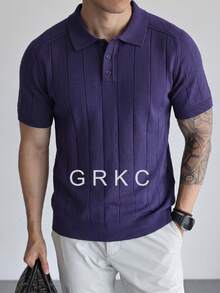 GRKC Men's Knit Polo Shirt, Short Sleeve, Urban Mature Style, Solid Color With Vertical Ribbed Texture, Slim Fit, Spring/Summer Fashion T-Shirt - Royal Blue - View 4
