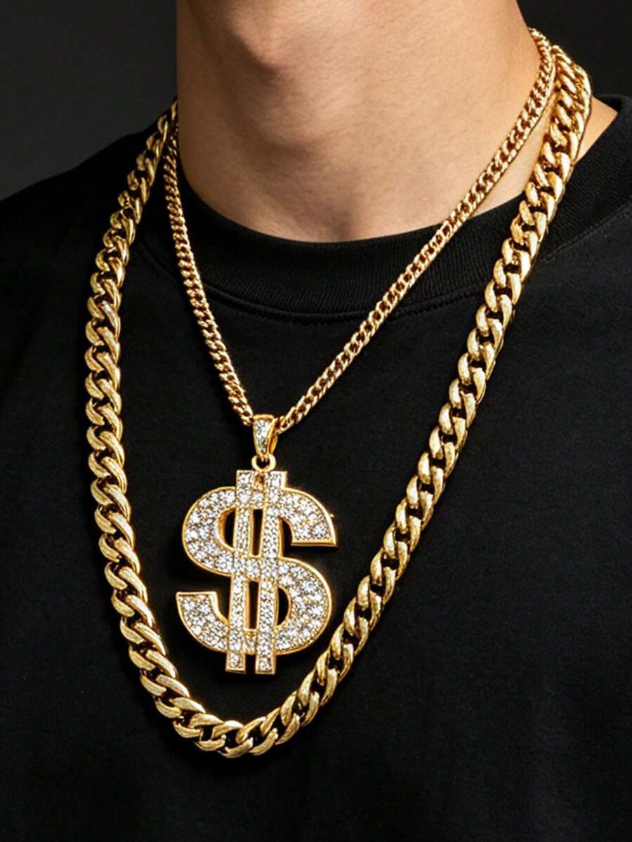 2pcs Hip Hop Punk Gold Necklace Exaggerated Large Chain Set, Vintage Punk Style, Suitable For Party, Halloween, COS - Yellow Gold - View 1