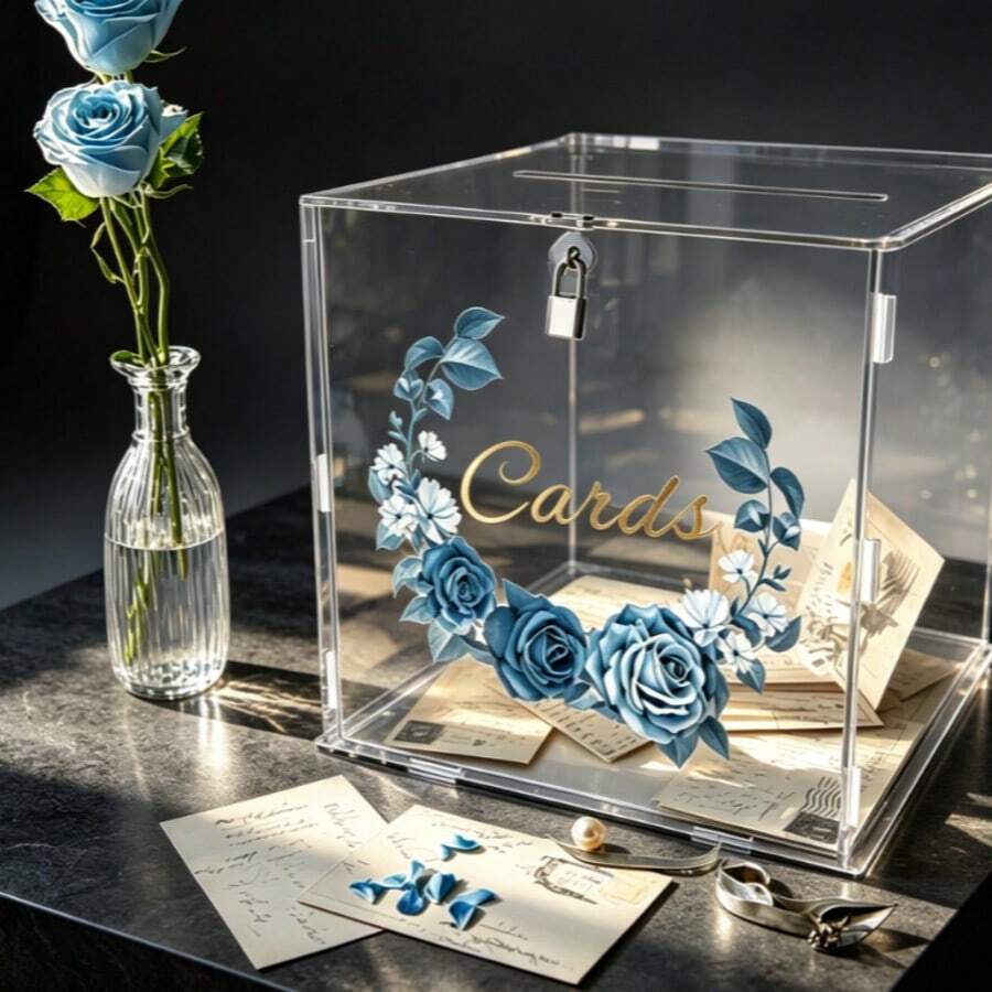 Caixa de Cartão de Acrílico Transparente com Guirlanda Semicircular Floral Azul, Caixa de Cartão de Casamento de Acrílico Transparente com Cadeado e Caixa de Assinatura de Bênção, Caixa de Armazenamento de Cartão com Folha de Ouro Rosa Azul, Caixa de Dinheiro Viral para Festa de Casamento, Aniversário e Celebração, Caixa de Coleção de Cartões de Saudação Estilo INS de Alta Qualidade, Ornamento de Decoração para Festa de Noivado, Caixa de Dinheiro Transparente, Design Floral Azul Sonhador - Transparente - Visão 1
