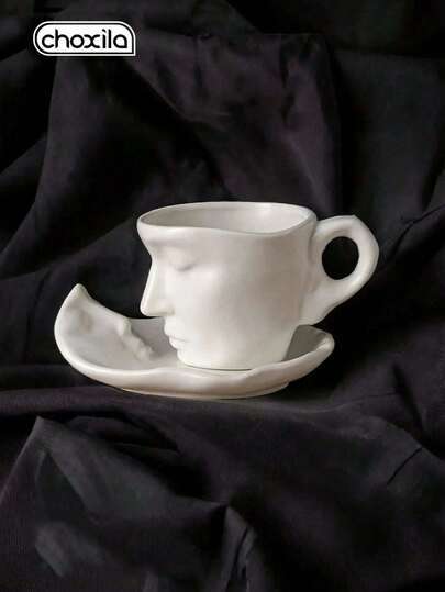 choxila 2pcs/Set Cangkir dan Piring, Cangkir Ciuman Hadiah Hari Valentine, Set Mug Kopi dengan Sendok, Cangkir Kopi Bergambar Wajah, Cangkir Barista Latte Art, Cangkir Teh Sore
