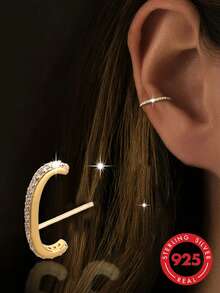 1pc S925 Sterling Silver Personalized Exquisite Fashion Niche Design Inlaid Rhinestone Geometric E-Shaped Stud Earrings For Women, Minimalist Elegant Luxury High-End Cold Style Ins Versatile Ear Cartilage Studs, Stackable Unique Party Jewelry - E Shape - View 1