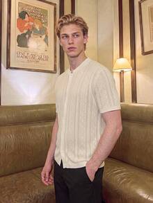 Men Old Money Style Hollow Knit Short Sleeve Cardigan, Diamond Texture Breathable Top, Casual Blouse For Vacation Daily Wear - Apricot - View 8