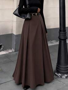 High Waist Patchwork Long A-Line Skirt, Women's Solid Brown Flared Hem Maxi Skirt, Autumn/Winter - Dark Brown - View 10