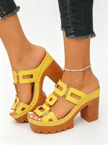 Women's High Heel Sandals Metal Buckle Wide Strap Lightweight Comfortable Chunky Heel Casual Commute Slip-On Sandals Slides, Platform Heels - Yellow - View 6