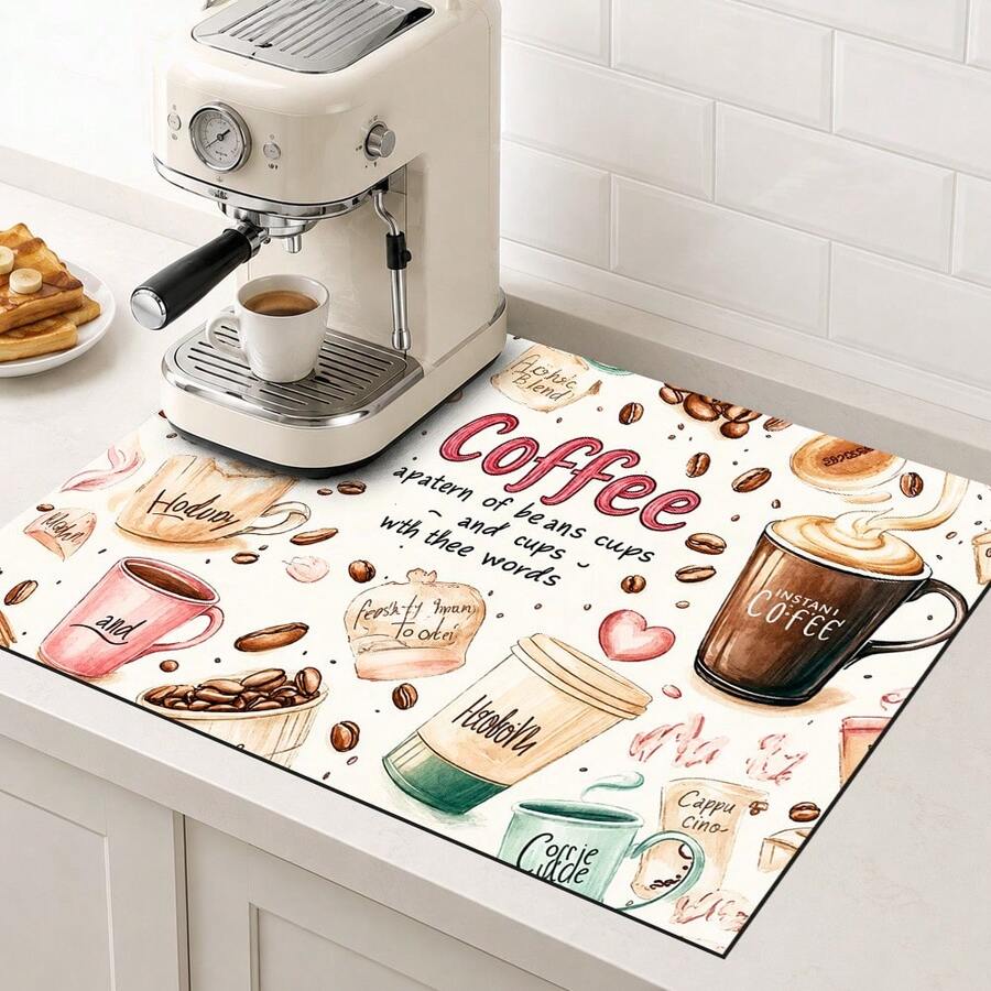 1pc Cute Coffee Print Diatomaceous Earth Kitchen Draining Mat, Absorbent Quick-Drying Non-Slip Coffee Machine Mat, Suitable For Kitchen Countertop, Coffee Corner And Dish Drying Area Decoration - Multicolor - View 1