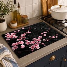 1pc Pink Cherry Blossom Black Marble Pattern Diatomaceous Earth Kitchen Drain Mat, Absorbent Quick-Drying Non-Slip Coffee Machine Mat, Suitable For Kitchen Countertop, Dining Table And Home Decor - Multicolor - View 2