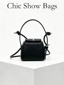 Women's Mini Crossbody Bag, Square Box Handbag, Solid Color Lychee Texture, Knotted Shoulder Strap And Magnetic Closure, Minimalist Daily Street Style For Spring And Summer - Black - View 1