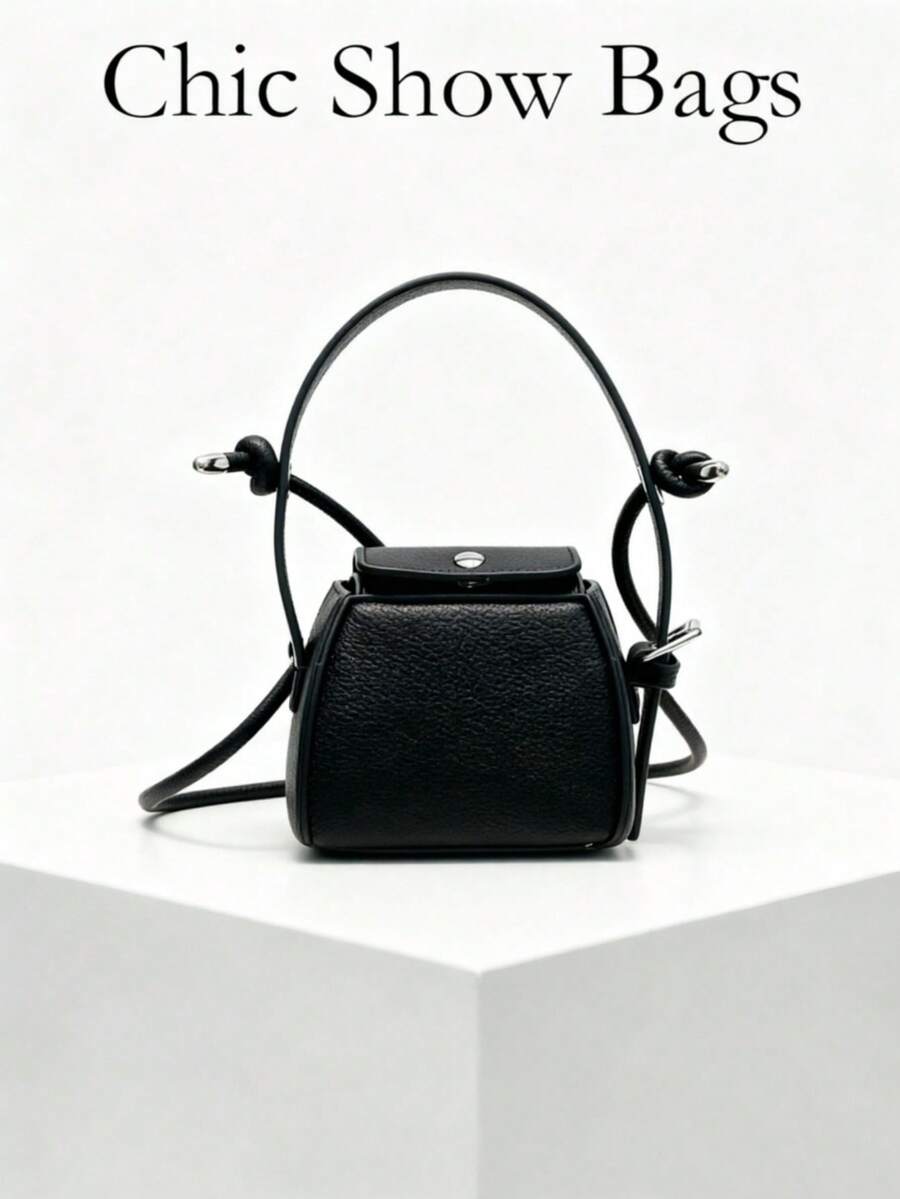 Women's Mini Crossbody Bag, Square Box Handbag, Solid Color Lychee Texture, Knotted Shoulder Strap And Magnetic Closure, Minimalist Daily Street Style For Spring And Summer - Black - View 1