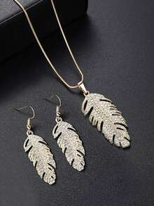 Elegant Elegant Women's Full Rhinestone Feather Pendant Necklace & Ear Hook Set, Versatile For Evening Party, Date, Commute, Holiday Gift Accessory - Feather - View 5