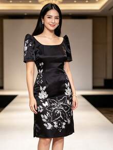 Modern Attire 女款優雅蝴蝶袖印花短袖洋裝 - 黑色 - 查看 4