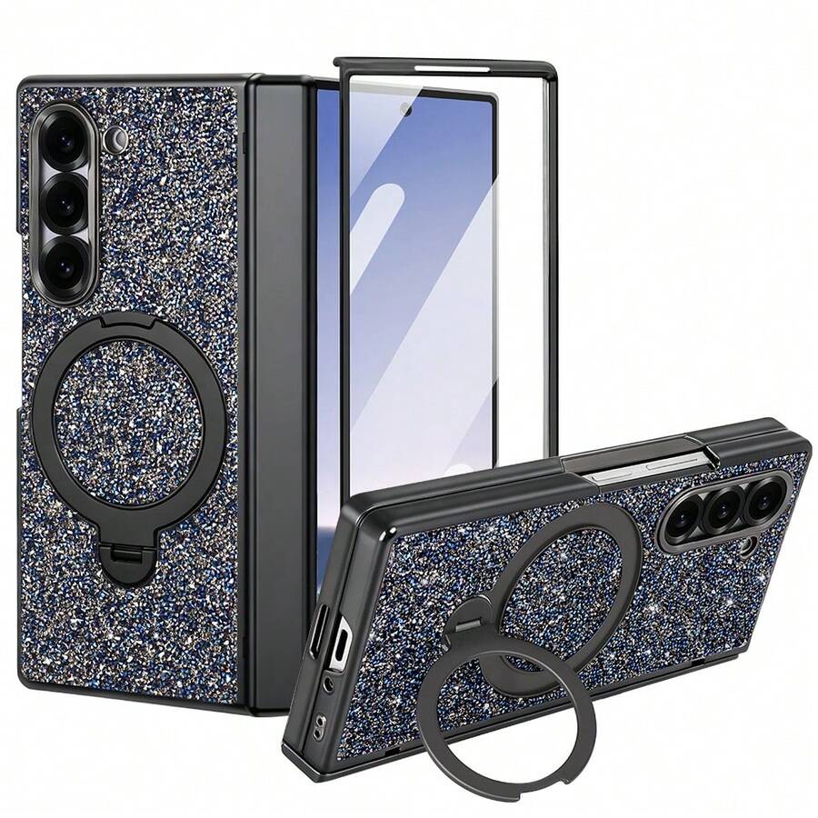 VIETAO 時尚高品質亮面電鍍隱藏圓形支架 Galaxy Z Fold 7 6 折疊手機殼 全包覆保護殼 附鋼化玻璃螢幕保護貼 - 藍色 - 查看 1