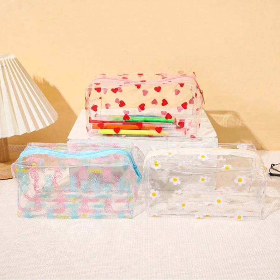 1pc Transparent Waterproof PVC Storage Bag, Large Capacity Fruit & Floral Pattern Pencil Case, Multi-Function Portable Stationery & Cosmetic Organizer, Back To School Daily Travel Holiday Mini Gift - Multicolor - View 1