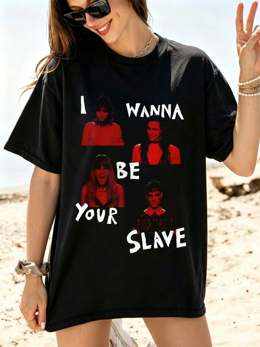 T-Shirt mit Songtext I Wanna Be Your Slave Måneskin Porträts 100% Baumwolle Sommeroberteil Damen Punk Grunge Lässig - Schwarz - Übersicht 1