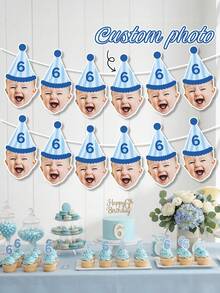 Custom Baby Photo Birthday Banner,Blue Stripe Party Hat Garland,First Birthday Party Supplies,One Year Old Baby Shower,Nursery Decor,Family Keepsake - Multicolor - View 1