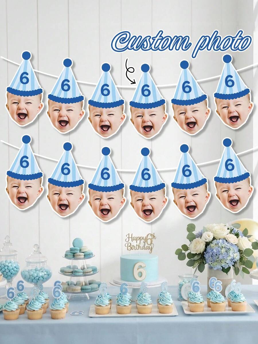 Custom Baby Photo Birthday Banner,Blue Stripe Party Hat Garland,First Birthday Party Supplies,One Year Old Baby Shower,Nursery Decor,Family Keepsake - Multicolor - View 1