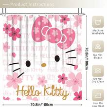 SANRIO 4件組 Hello Kitty 浴室浴簾套組含地墊，可愛貓咪浴室浴簾套組含地墊、馬桶蓋套與浴室地墊，現代浴室裝飾含地墊與12個塑膠掛鉤 - 4-piece shower curtain set - 查看 4
