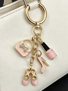 Car Key Pendant/Bag Charm, Fashion Accessory Keychain Pendant, Rhinestone-Studded Bag, High Heel, Nail Polish, Ballet Shoe Design, Pink Enamel With Gold Chain, Exquisite Sparkling Rhinestone Accents, Metal Material Sturdy And Durable, Compact And Lightweight, Secure Closure. Can Be Hung On Backpacks, Car Keys, Daily Commute, Travel Decoration, Exquisite Female Accessory, Romantic Niche Gift For Festivals, Birthdays, Back To School Season. - Multicolor - View 5