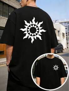 T-Shirt aus Baumwolle mit doppelseitigem Druck, hypoallergenes Gewebe, himmlisches Motiv einer weißen Sonnenexplosion, minimalistisches Sonnenstrahl-Design, spiritische Boho-Ästhetik, conc - Schwarz - Übersicht 2